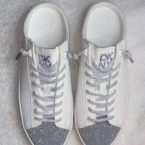 DKNY White Sneakers with Silver Glitter Toe and Logo